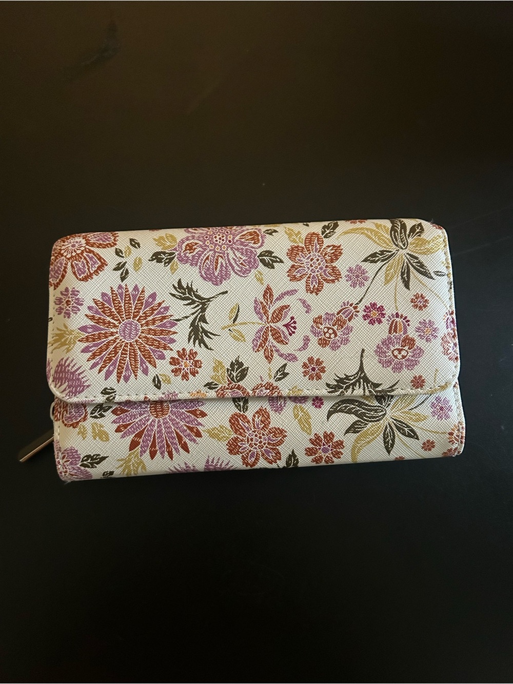 Floral Fold-Over Wallet - White with Pink & Gold Accents